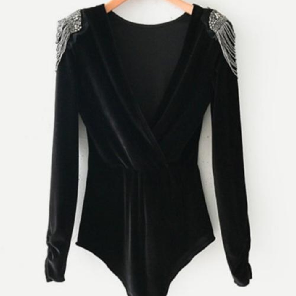 Beaded Shoulder Surplice Velvet Bodysuit